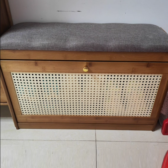 Traditional Japanese Bamboo ABS Linen Rectangular Ventilated Shoe Bench For Entryway & Living Room