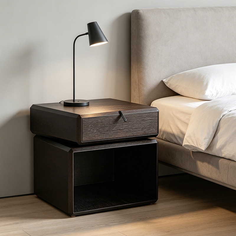 Traditional Chinese Clean Geometry Veneered Plywood Bedside Table - 1 Drawer Nightstand For Bedroom