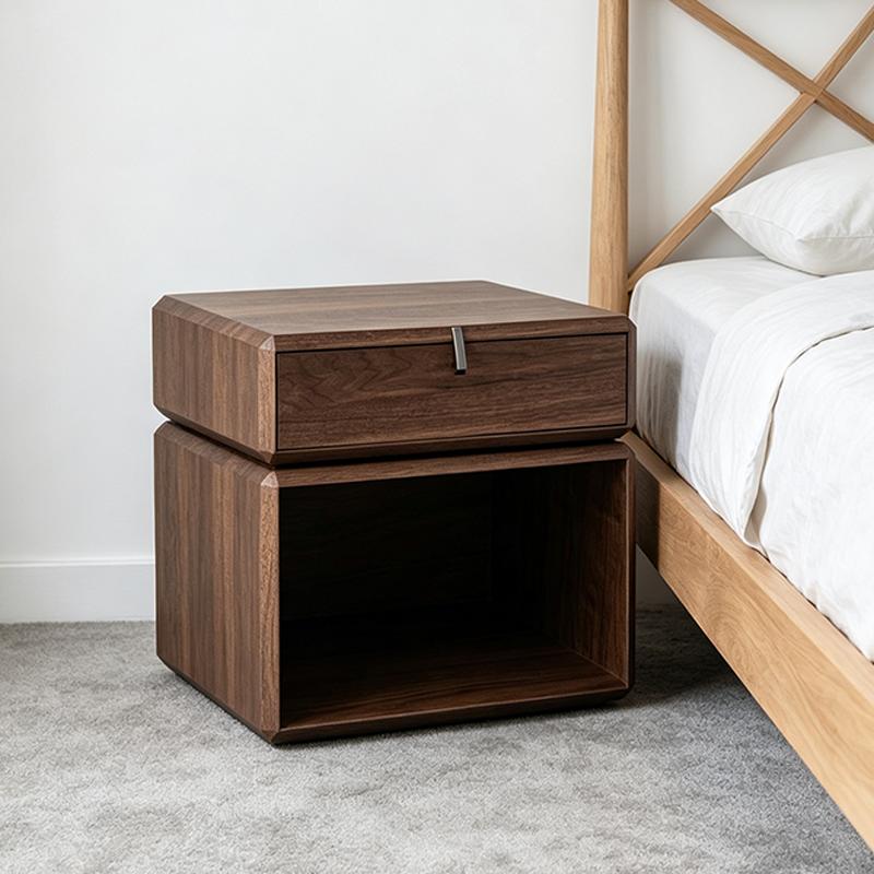 Traditional Chinese Clean Geometry Veneered Plywood Bedside Table - 1 Drawer Nightstand For Bedroom