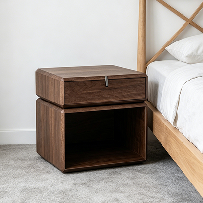 Traditional Chinese Clean Geometry Veneered Plywood Bedside Table - 1 Drawer Nightstand For Bedroom