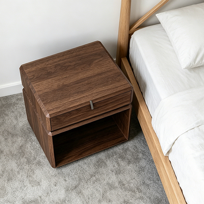 Traditional Chinese Clean Geometry Veneered Plywood Bedside Table - 1 Drawer Nightstand For Bedroom