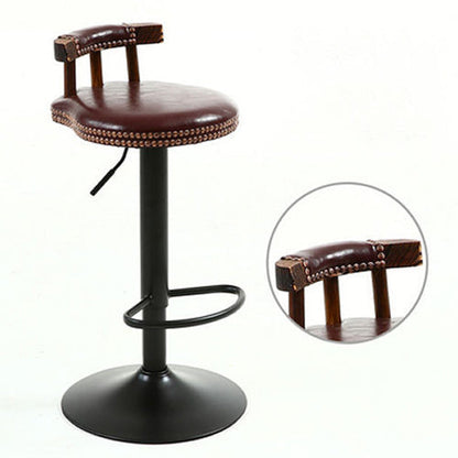 Contemporary Luxury Round Faux Oil-Waxed Leather Iron Bar Stool Backrest Footrest For Dining Room