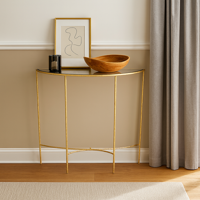 Modern Minimalist Curved Glass Iron Console Table 1-Tier For Entryways