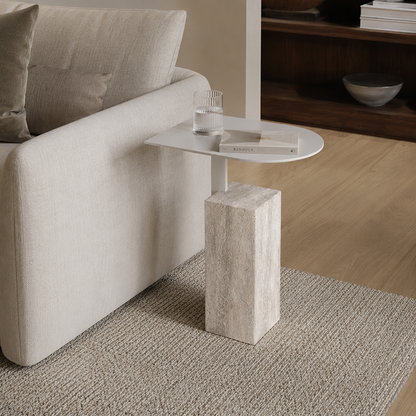 Contemporary Nordic Travertine Stone Steel Rounded Corner Side Table For Living Room & Bedroom