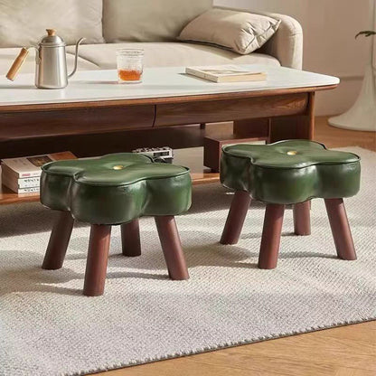 Traditional Vintage Four-Leaf Clover-Shaped Oval Oil Wax Leather Solid Wood Sponge Low Stool Backless Armless For Living Room