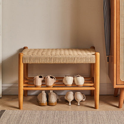 Traditional Vintage Rectangular Rope Weaving Rubberwood Shoe Bench Armless For Entryways