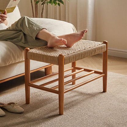 Traditional Vintage Rectangular Rope Weaving Rubberwood Shoe Bench Armless For Entryways