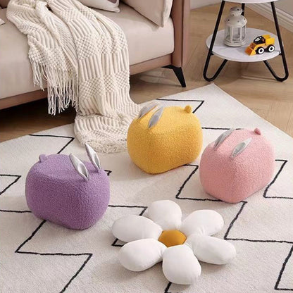 Contemporary Creative Kids Rabbit-Shaped Teddy Fabric Solid Wood Sponge Low Stool Backless Armless For Living Room