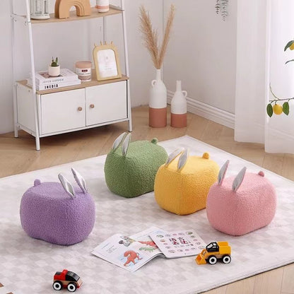 Contemporary Creative Kids Rabbit-Shaped Teddy Fabric Solid Wood Sponge Low Stool Backless Armless For Living Room