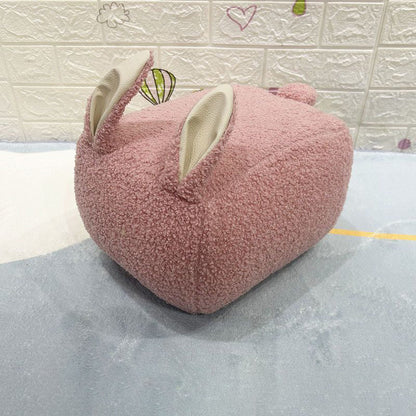 Contemporary Creative Kids Rabbit-Shaped Teddy Fabric Solid Wood Sponge Low Stool Backless Armless For Living Room