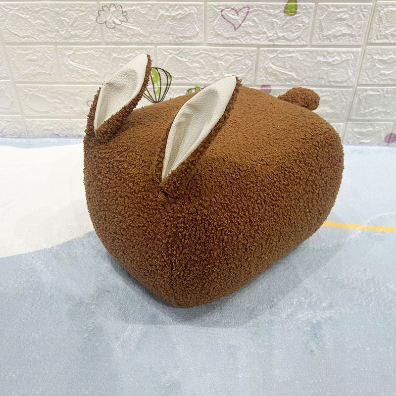 Contemporary Creative Kids Rabbit-Shaped Teddy Fabric Solid Wood Sponge Low Stool Backless Armless For Living Room