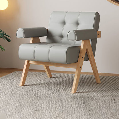 Modern Minimalist Square Foam Solid Wood Faux Leather Accent Chair Backrest Armrests For Living Room