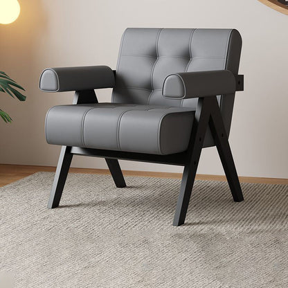 Modern Minimalist Square Foam Solid Wood Faux Leather Accent Chair Backrest Armrests For Living Room