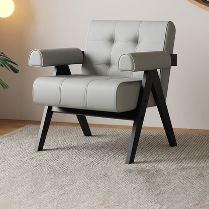 Modern Minimalist Square Foam Solid Wood Faux Leather Accent Chair Backrest Armrests For Living Room