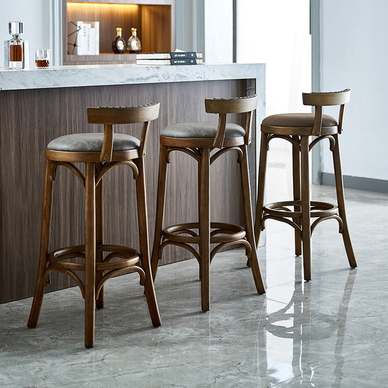 Traditional Vintage Round Solid Wood Faux Leather Bar Stool Backrest Armless For Dining Room