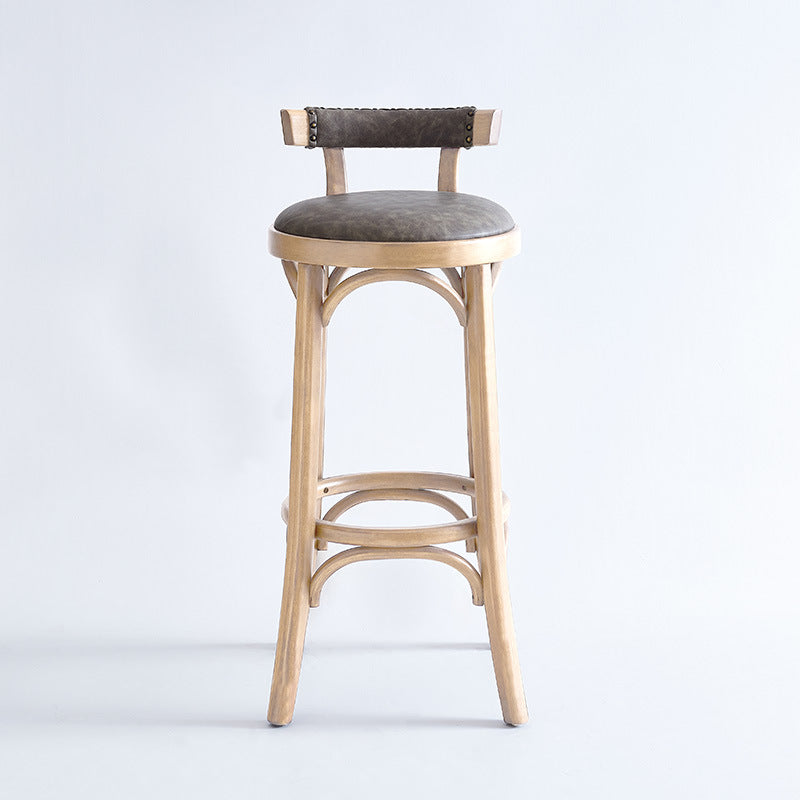 Traditional Vintage Round Solid Wood Faux Leather Bar Stool Backrest Armless For Dining Room