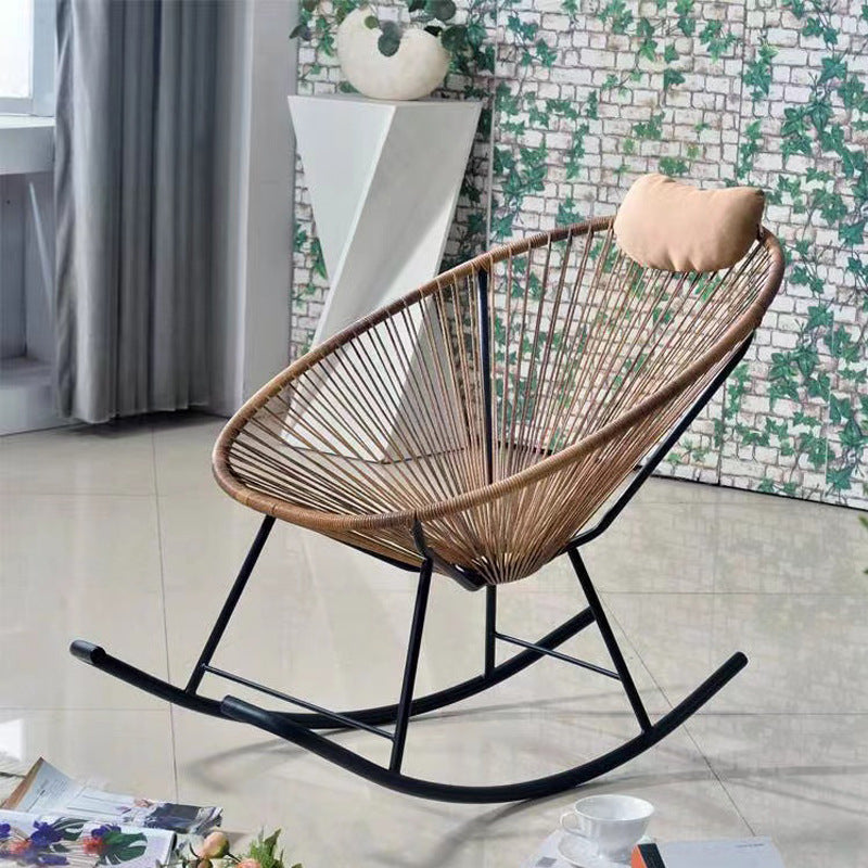 Traditional Vintage Oval Metal Rattan Weaving Rocking Chair Backrest Armless For Living Room
