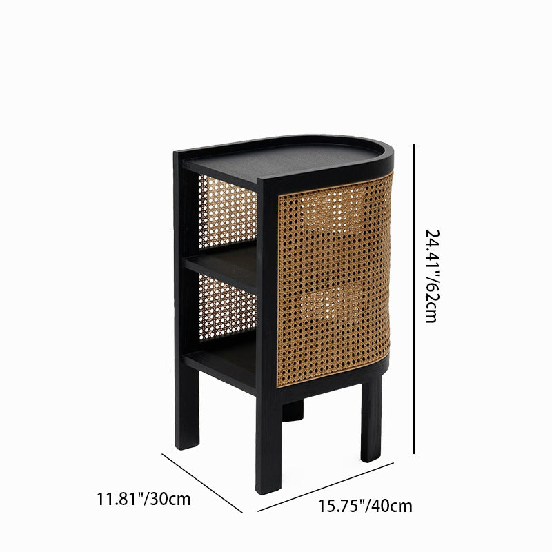 Traditional Rustic Cylindrical Ash Wood Rattan Nightstand 2 - Cabinet For Bedroom
