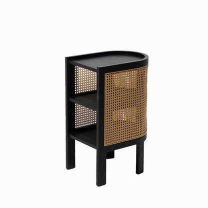 Traditional Rustic Cylindrical Ash Wood Rattan Nightstand 2 - Cabinet For Bedroom