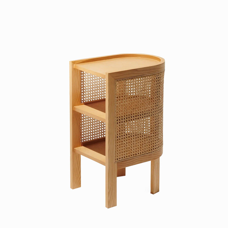 Traditional Rustic Cylindrical Ash Wood Rattan Nightstand 2 - Cabinet For Bedroom