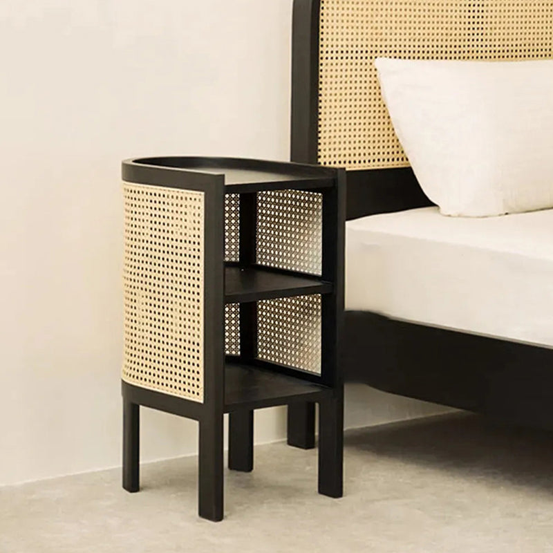 Traditional Rustic Cylindrical Ash Wood Rattan Nightstand 2 - Cabinet For Bedroom