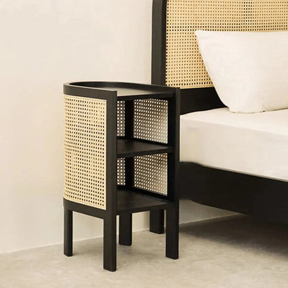 Traditional Rustic Cylindrical Ash Wood Rattan Nightstand 2 - Cabinet For Bedroom