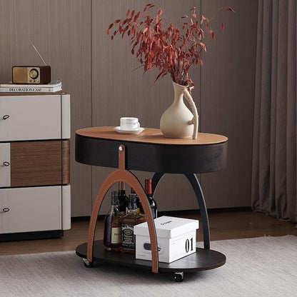 Traditional Vintage Movable Oval Solid Wood Hardware Synthetic Leather Side Table 2-Tier For Living Room