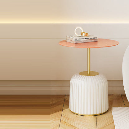 Contemporary Nordic Cylindrical Round PU Leather Glass Metal End Table 1-Tier For Living Room