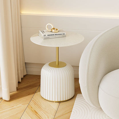 Contemporary Nordic Cylindrical Round PU Leather Glass Metal End Table 1-Tier For Living Room