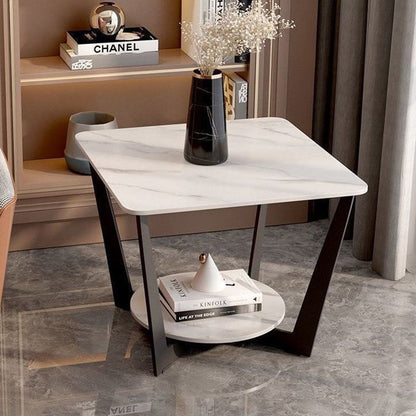 Contemporary Nordic Round Square Iron Rock Slab Side Table 2-Tier For Living Room