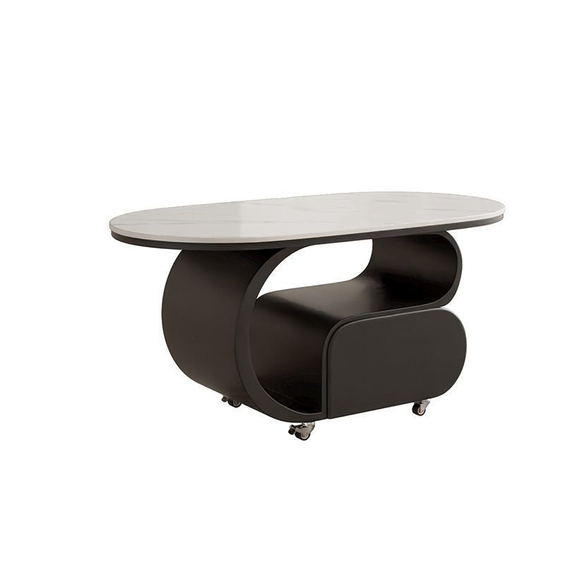 Contemporary Nordic Movable Oval Stone Slab Carbon Steel Hardware Coffee Table 1-Drawer For Living Room