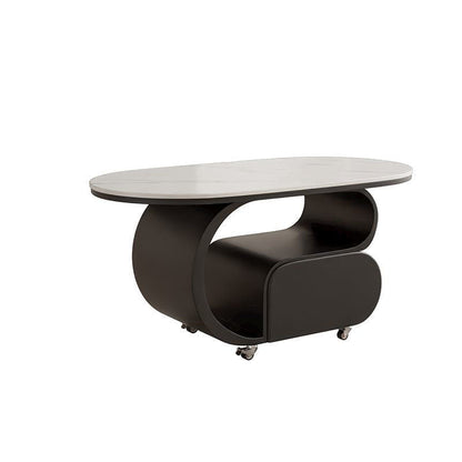 Contemporary Nordic Movable Oval Stone Slab Carbon Steel Hardware Coffee Table 1-Drawer For Living Room