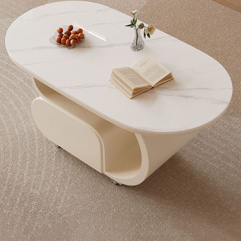 Contemporary Nordic Movable Oval Stone Slab Carbon Steel Hardware Coffee Table 1-Drawer For Living Room