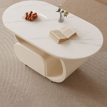 Contemporary Nordic Movable Oval Stone Slab Carbon Steel Hardware Coffee Table 1-Drawer For Living Room