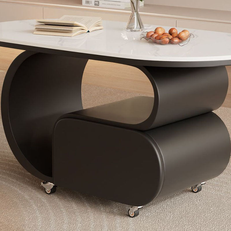 Contemporary Nordic Movable Oval Stone Slab Carbon Steel Hardware Coffee Table 1-Drawer For Living Room
