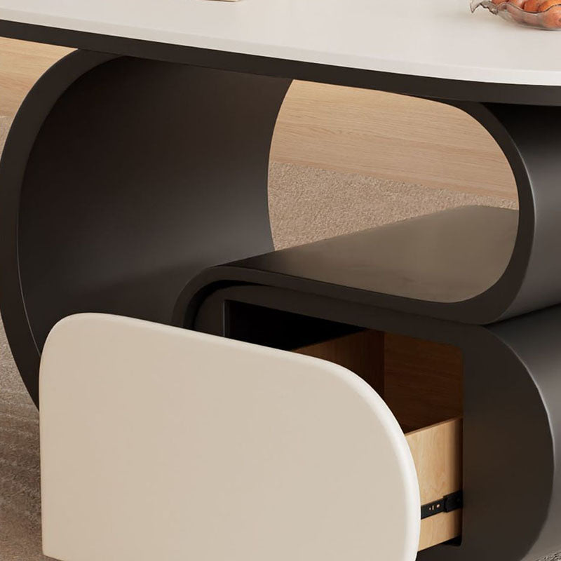 Contemporary Nordic Movable Oval Stone Slab Carbon Steel Hardware Coffee Table 1-Drawer For Living Room