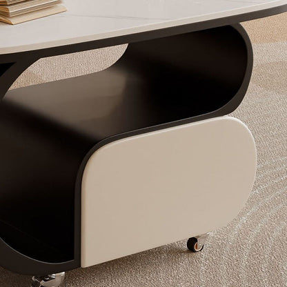 Contemporary Nordic Movable Oval Stone Slab Carbon Steel Hardware Coffee Table 1-Drawer For Living Room