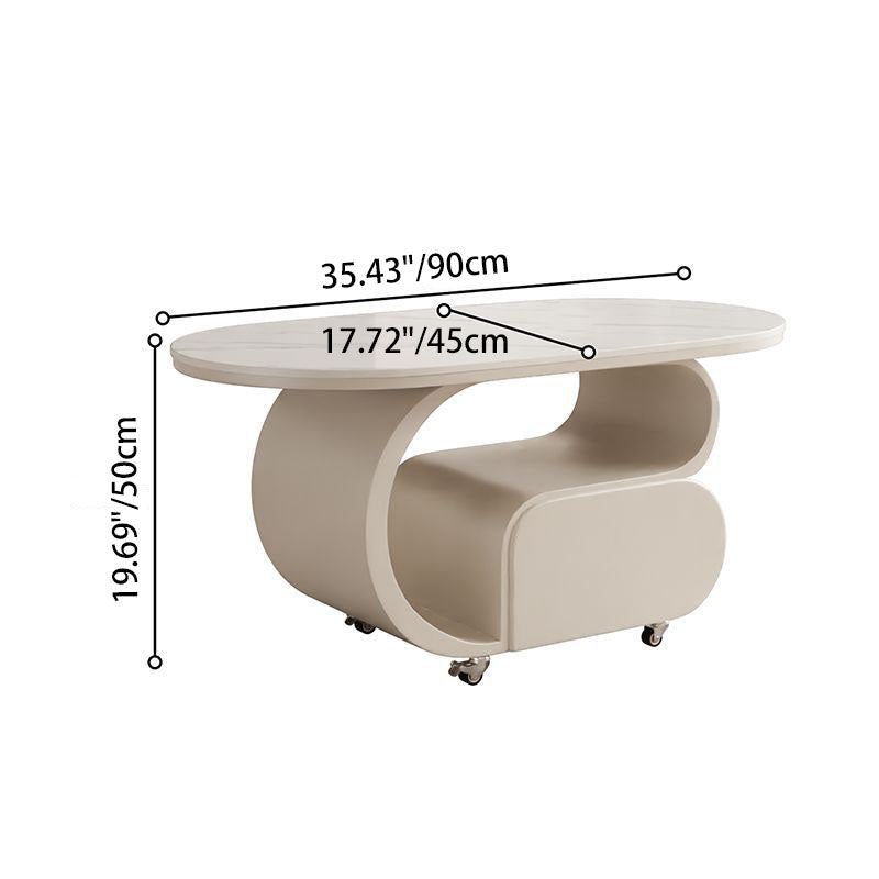 Contemporary Nordic Movable Oval Stone Slab Carbon Steel Hardware Coffee Table 1-Drawer For Living Room