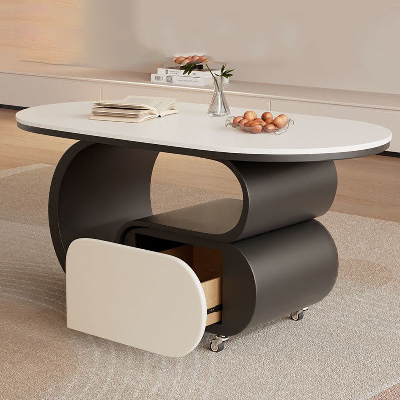 Contemporary Nordic Movable Oval Stone Slab Carbon Steel Hardware Coffee Table 1-Drawer For Living Room