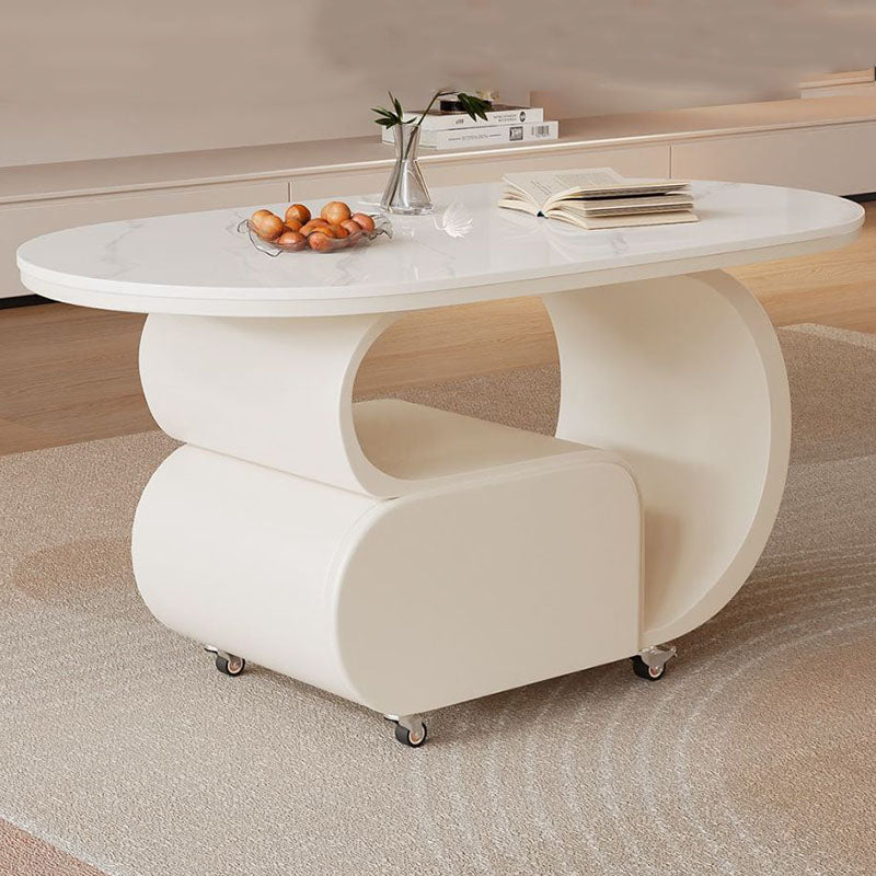 Contemporary Nordic Movable Oval Stone Slab Carbon Steel Hardware Coffee Table 1-Drawer For Living Room