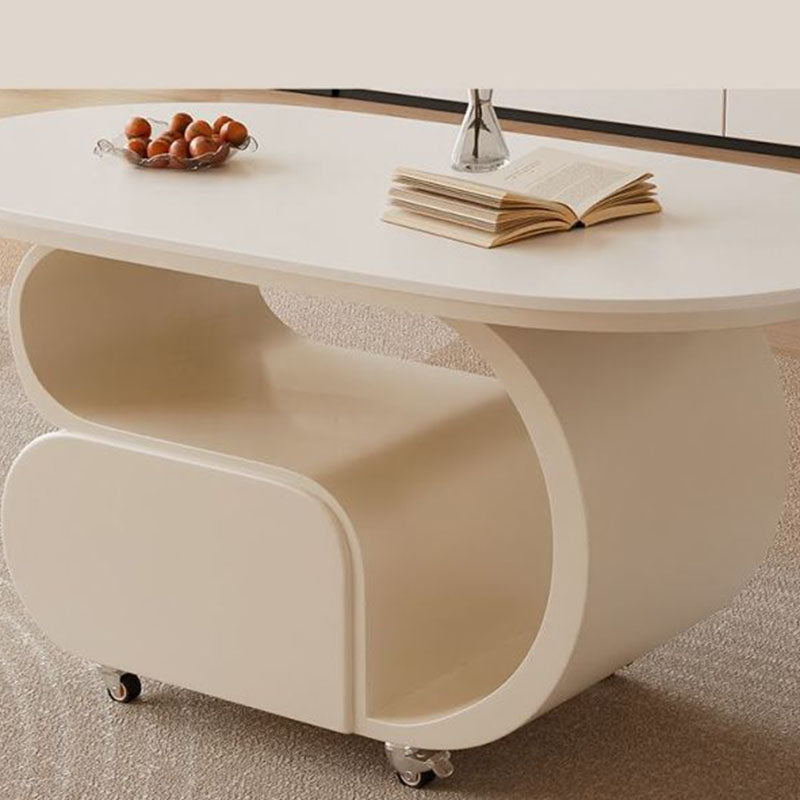 Contemporary Nordic Movable Oval Stone Slab Carbon Steel Hardware Coffee Table 1-Drawer For Living Room