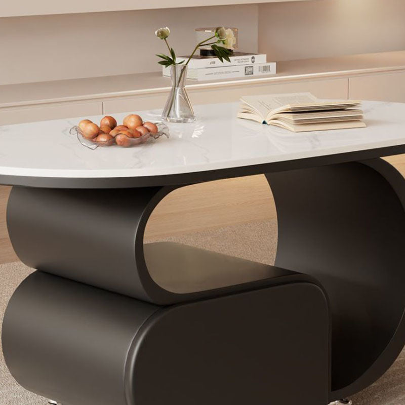 Contemporary Nordic Movable Oval Stone Slab Carbon Steel Hardware Coffee Table 1-Drawer For Living Room