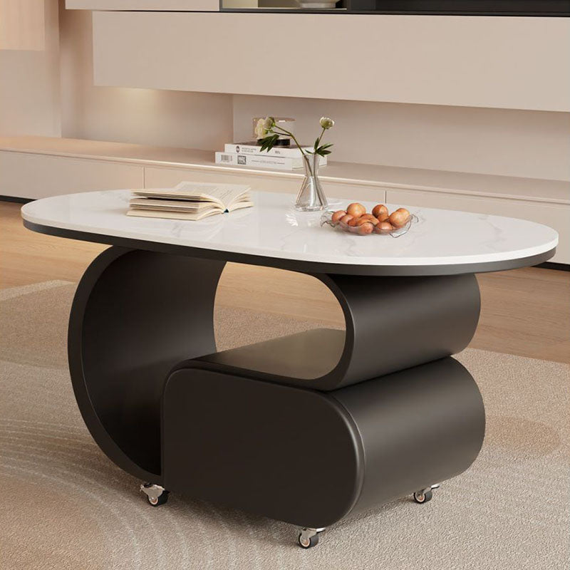Contemporary Nordic Movable Oval Stone Slab Carbon Steel Hardware Coffee Table 1-Drawer For Living Room