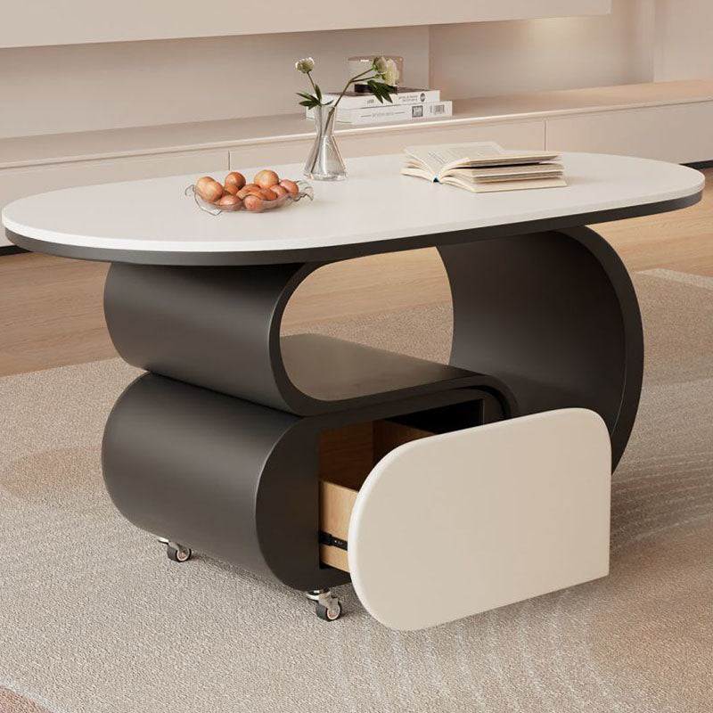 Contemporary Nordic Movable Oval Stone Slab Carbon Steel Hardware Coffee Table 1-Drawer For Living Room