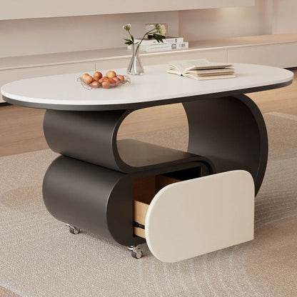 Contemporary Nordic Movable Oval Stone Slab Carbon Steel Hardware Coffee Table 1-Drawer For Living Room