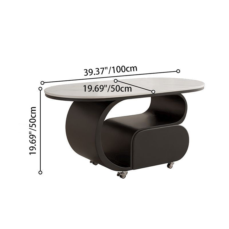 Contemporary Nordic Movable Oval Stone Slab Carbon Steel Hardware Coffee Table 1-Drawer For Living Room