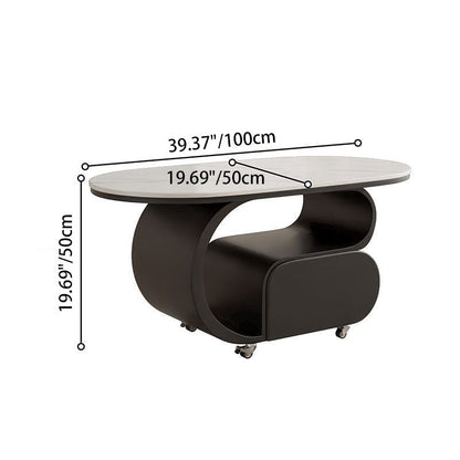 Contemporary Nordic Movable Oval Stone Slab Carbon Steel Hardware Coffee Table 1-Drawer For Living Room