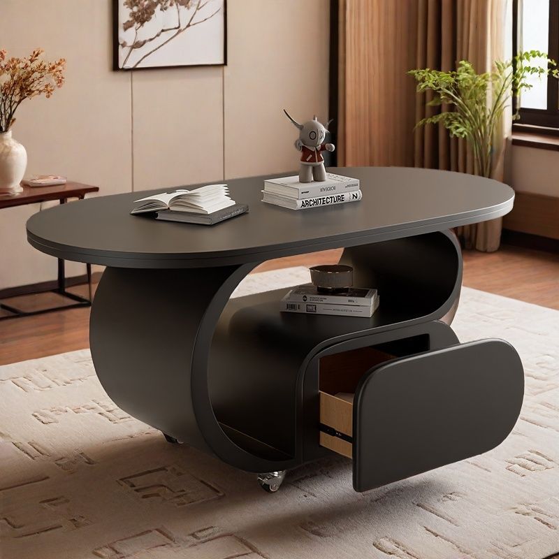Contemporary Nordic Movable Oval Stone Slab Carbon Steel Hardware Coffee Table 1-Drawer For Living Room