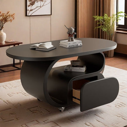 Contemporary Nordic Movable Oval Stone Slab Carbon Steel Hardware Coffee Table 1-Drawer For Living Room