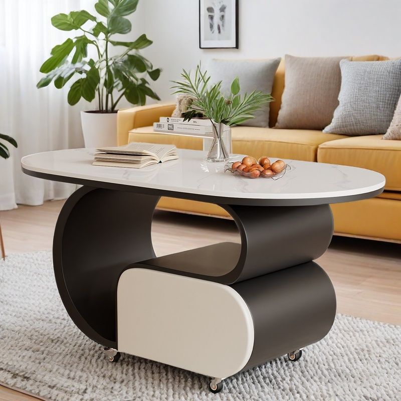 Contemporary Nordic Movable Oval Stone Slab Carbon Steel Hardware Coffee Table 1-Drawer For Living Room